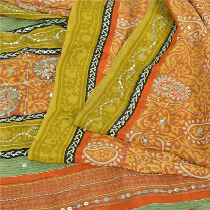 Sanskriti Vintage Sarees Orange Pure Crepe Hand Bead Sequins Printed Sari Sustainable Fabric