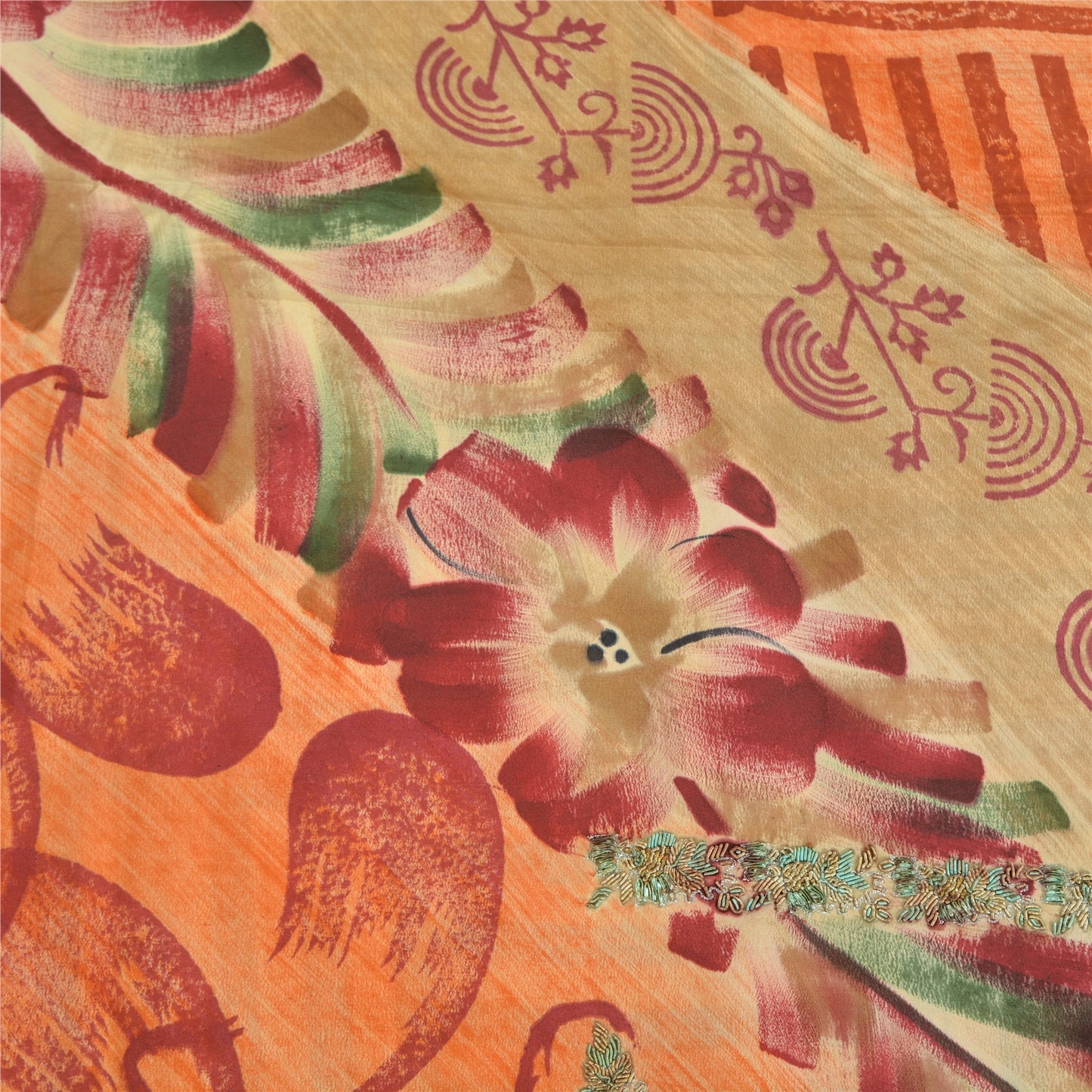 Sanskriti Vintage Sarees Orange Pure Crepe Silk Printed Sari 5yd Craft Sustainable Fabric