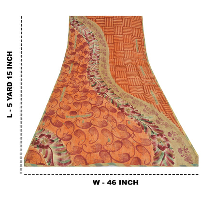 Sanskriti Vintage Sarees Orange Pure Crepe Silk Printed Sari 5yd Craft Sustainable Fabric