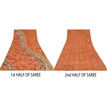 Sanskriti Vintage Sarees Orange Pure Crepe Silk Printed Sari 5yd Craft Sustainable Fabric