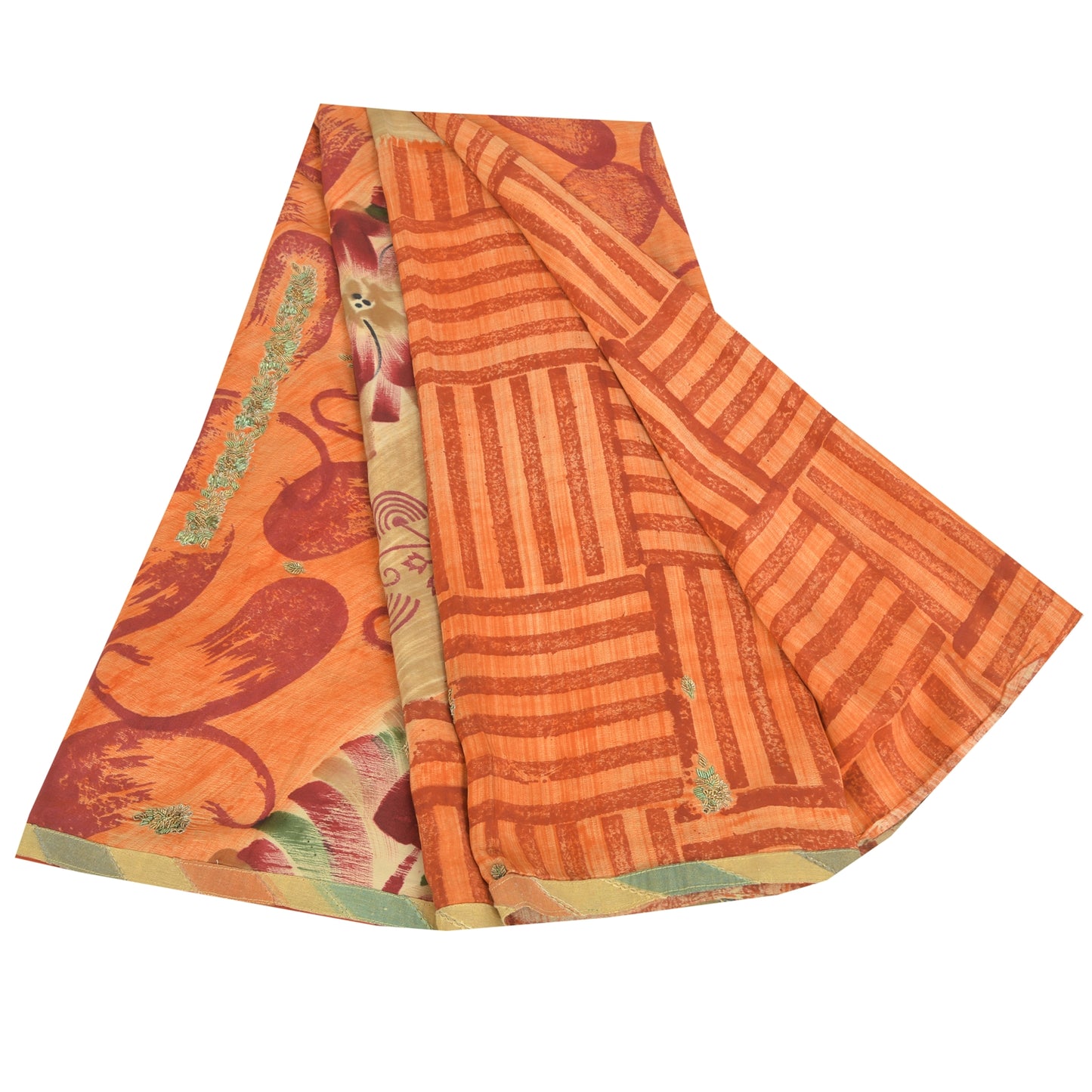 Sanskriti Vintage Sarees Orange Pure Crepe Silk Printed Sari 5yd Craft Sustainable Fabric