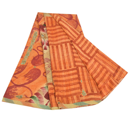 Sanskriti Vintage Sarees Orange Pure Crepe Silk Printed Sari 5yd Craft Sustainable Fabric