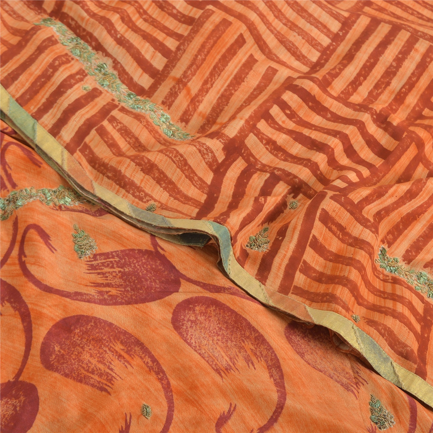 Sanskriti Vintage Sarees Orange Pure Crepe Silk Printed Sari 5yd Craft Sustainable Fabric