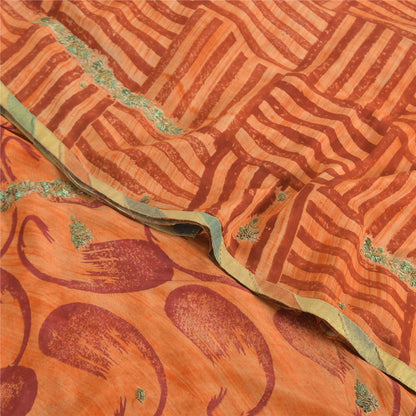 Sanskriti Vintage Sarees Orange Pure Crepe Silk Printed Sari 5yd Craft Sustainable Fabric