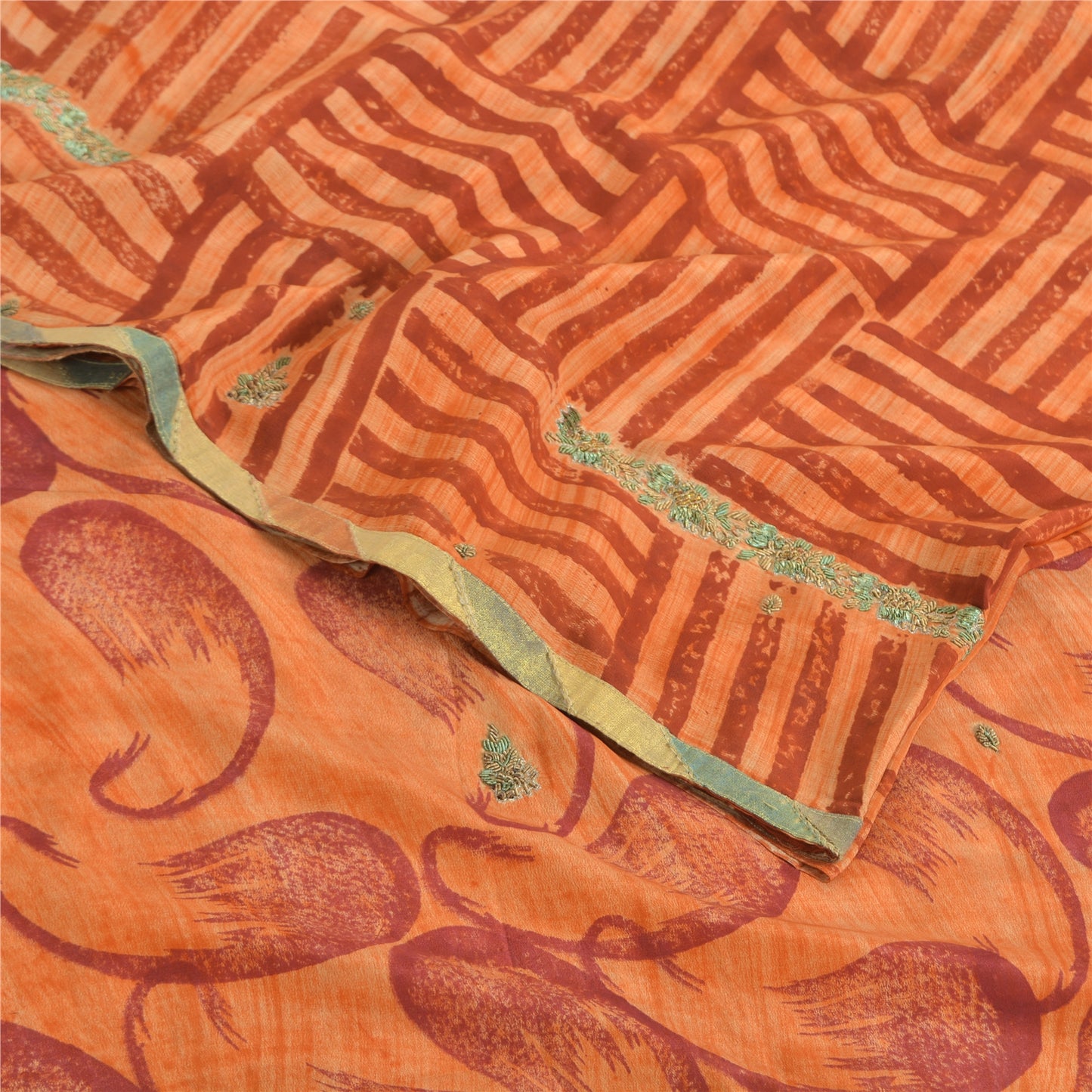 Sanskriti Vintage Sarees Orange Pure Crepe Silk Printed Sari 5yd Craft Sustainable Fabric