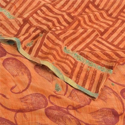 Sanskriti Vintage Sarees Orange Pure Crepe Silk Printed Sari 5yd Craft Sustainable Fabric