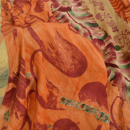 Sanskriti Vintage Sarees Orange Pure Crepe Silk Printed Sari 5yd Craft Sustainable Fabric
