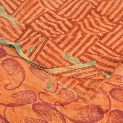 Sanskriti Vintage Sarees Orange Pure Crepe Silk Printed Sari 5yd Craft Sustainable Fabric