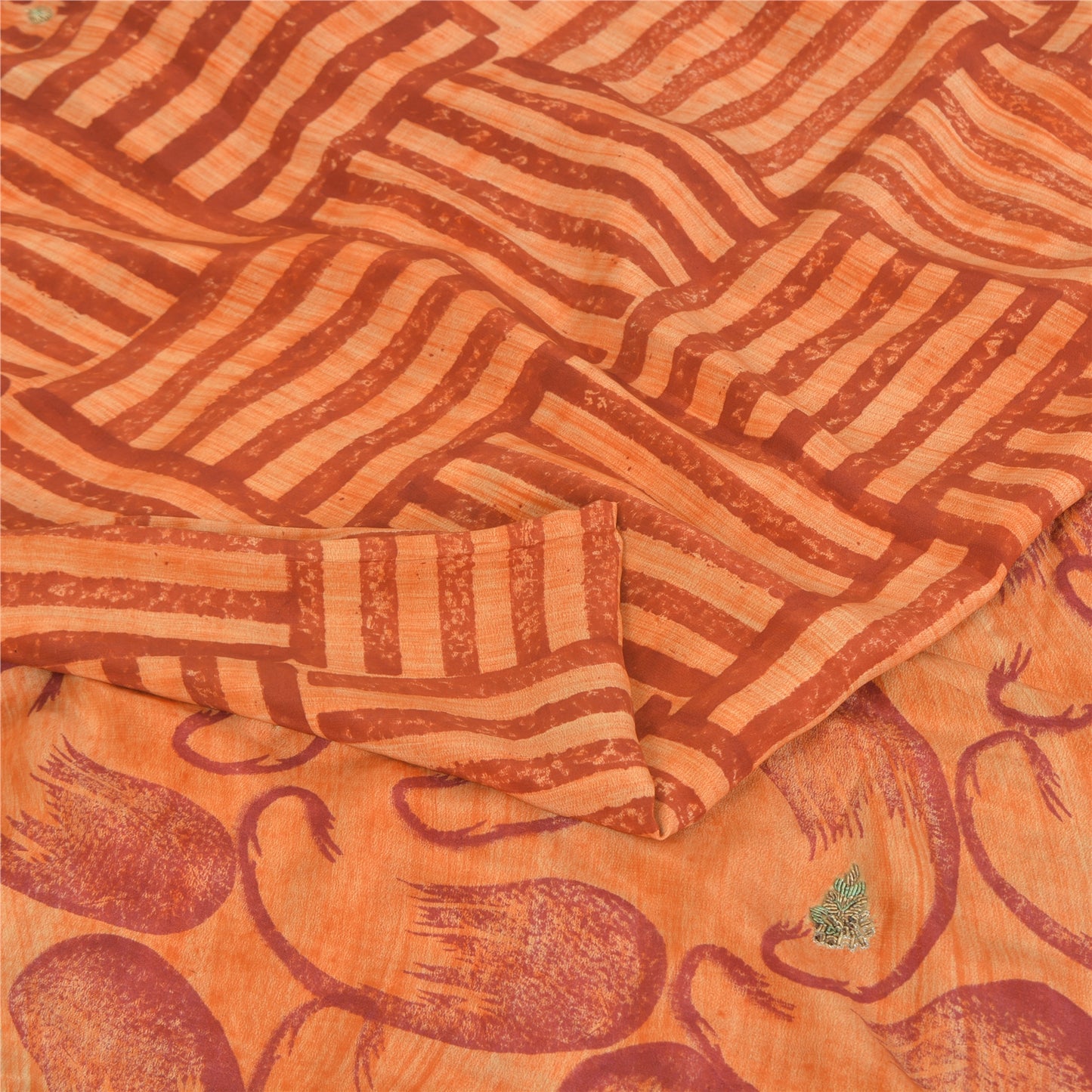 Sanskriti Vintage Sarees Orange Pure Crepe Silk Printed Sari 5yd Craft Sustainable Fabric