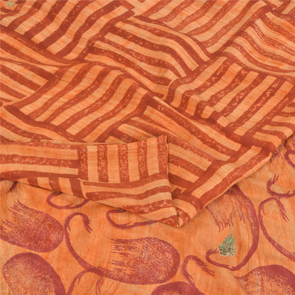 Sanskriti Vintage Sarees Orange Pure Crepe Silk Printed Sari 5yd Craft Sustainable Fabric
