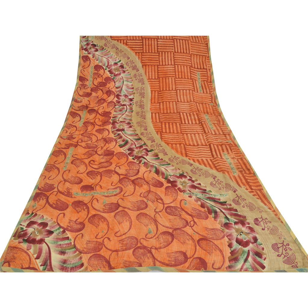 Sanskriti Vintage Sarees Orange Pure Crepe Silk Printed Sari 5yd Craft Sustainable Fabric