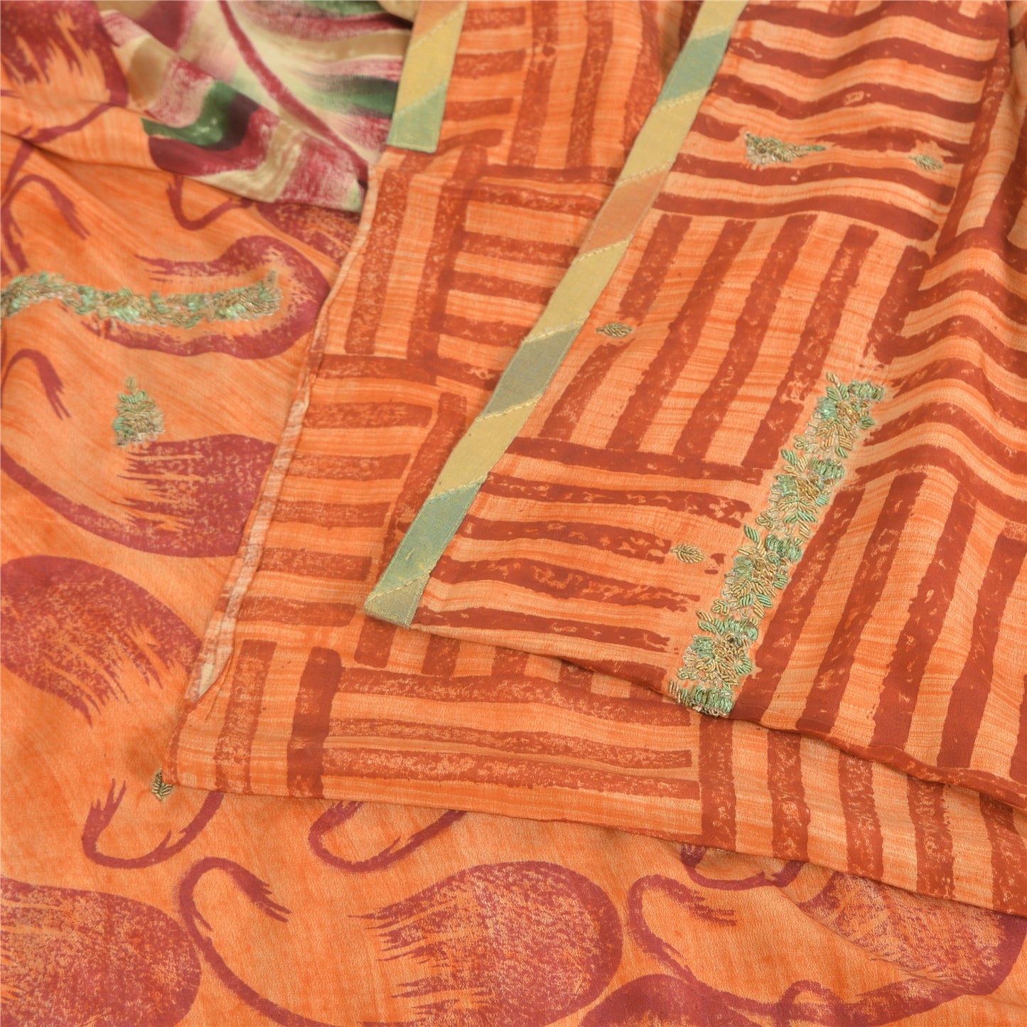 Sanskriti Vintage Sarees Orange Pure Crepe Silk Printed Sari 5yd Craft Sustainable Fabric