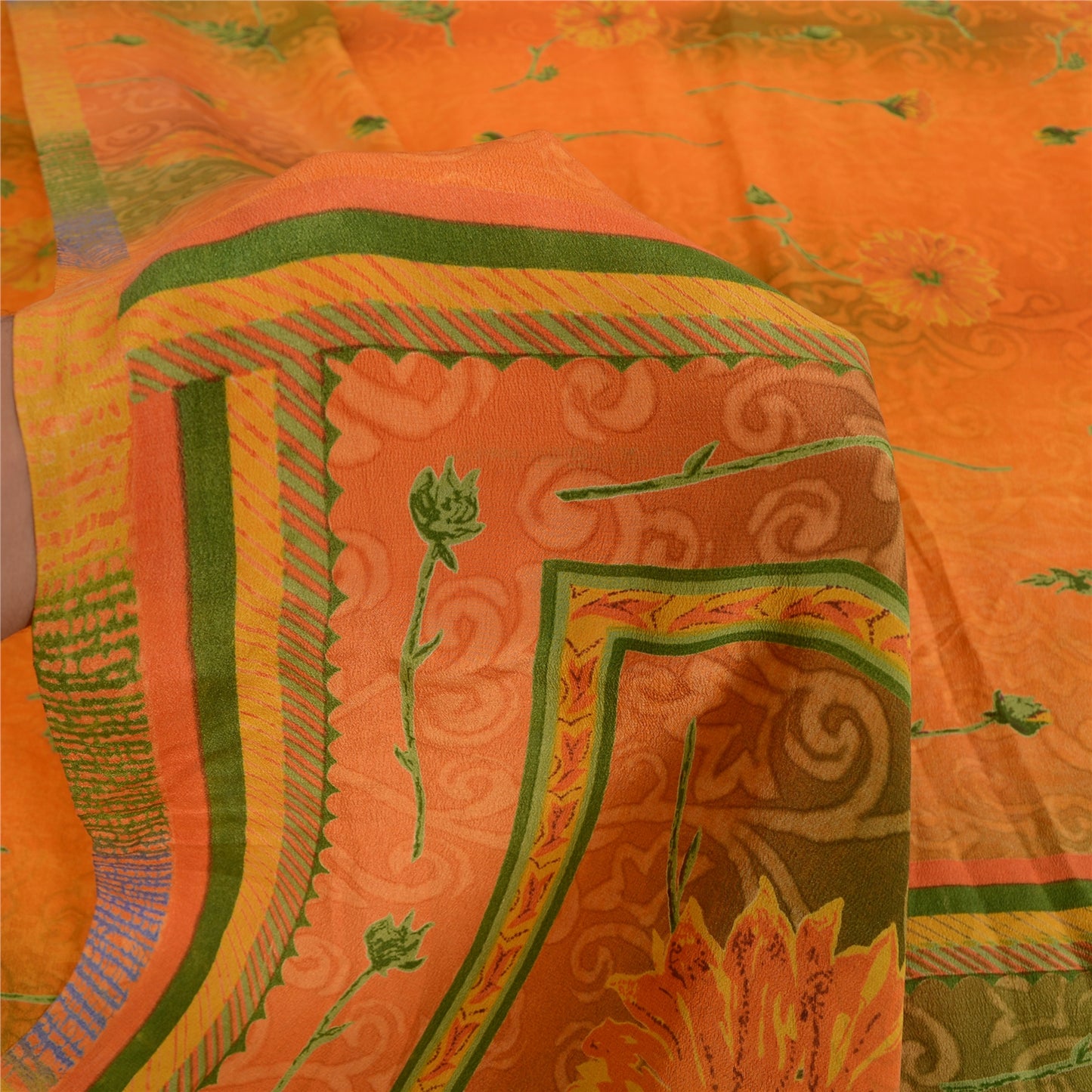 Sanskriti Vintage Sarees Orange/Green Pure Crepe Silk Printed Sari Craft Sustainable Fabric