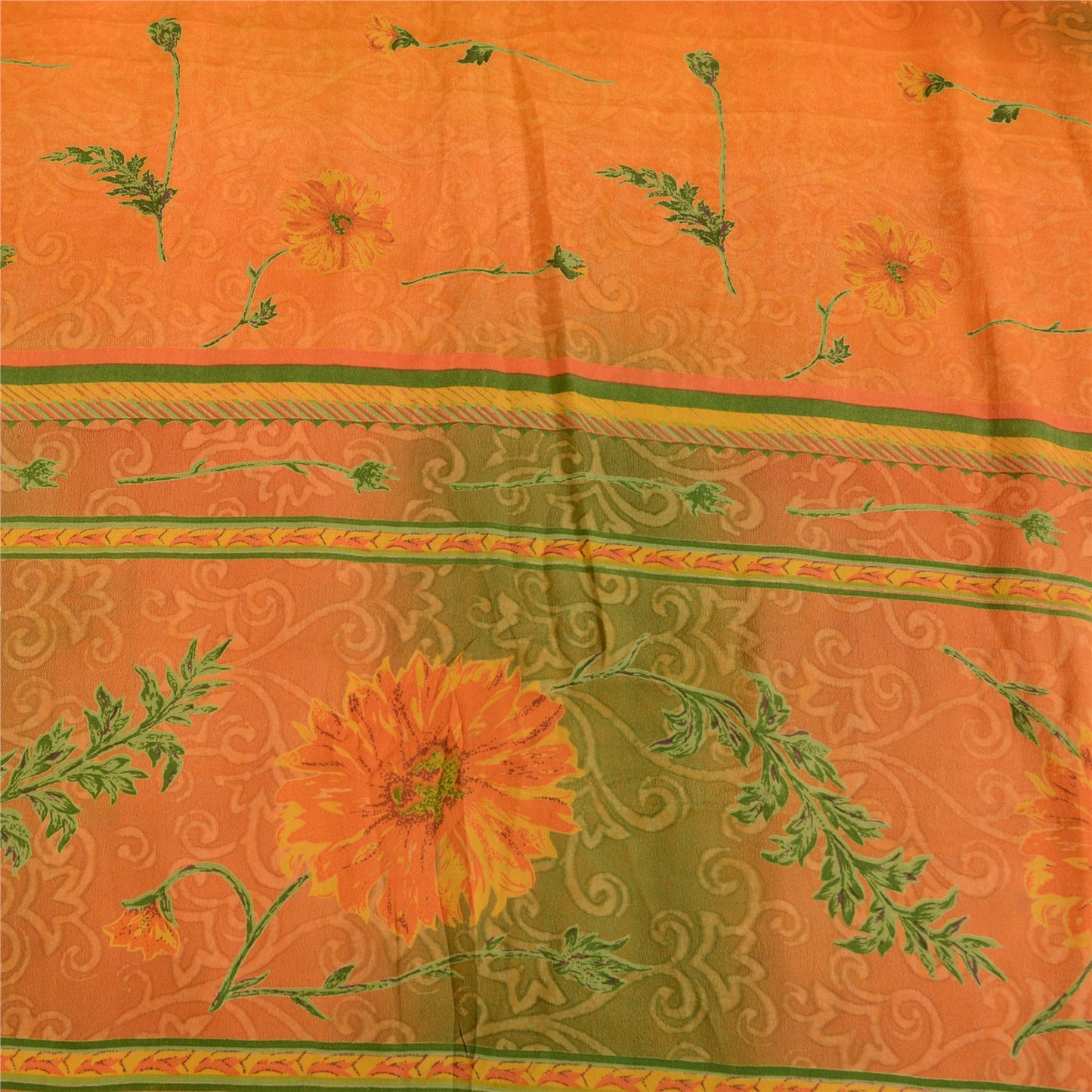 Sanskriti Vintage Sarees Orange/Green Pure Crepe Silk Printed Sari Craft Sustainable Fabric