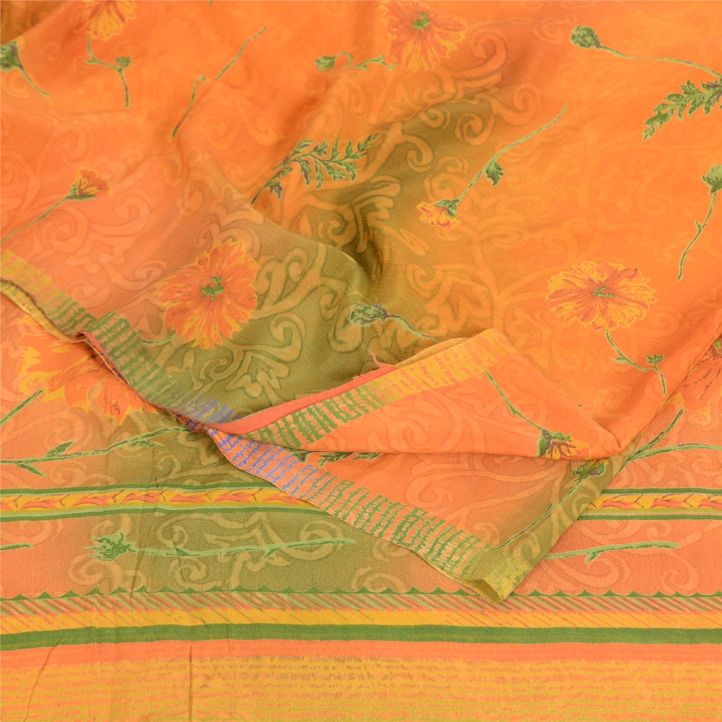 Sanskriti Vintage Sarees Orange/Green Pure Crepe Silk Printed Sari Craft Sustainable Fabric