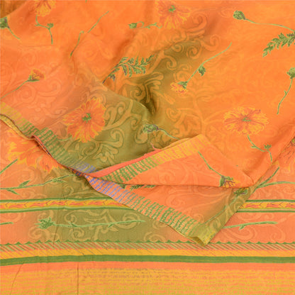 Sanskriti Vintage Sarees Orange/Green Pure Crepe Silk Printed Sari Craft Sustainable Fabric
