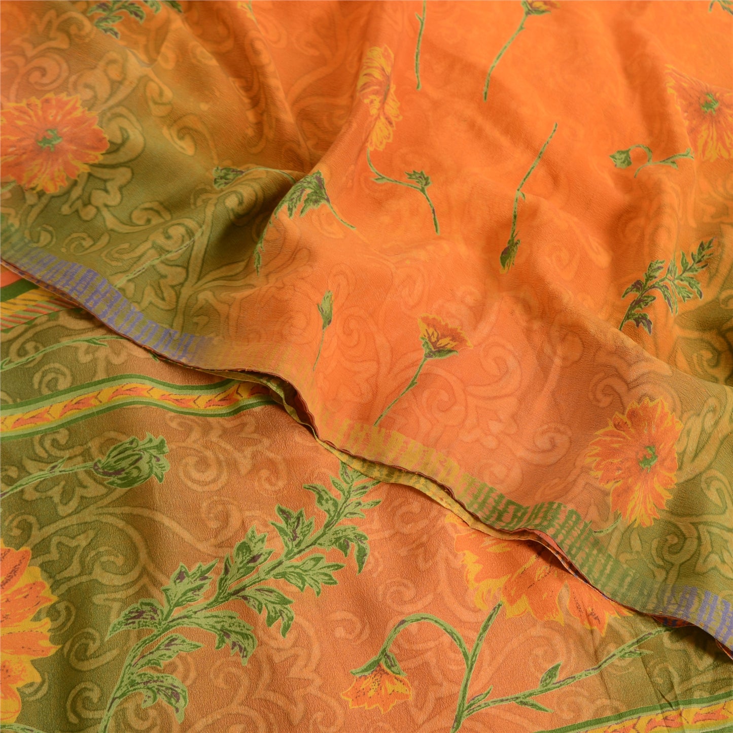 Sanskriti Vintage Sarees Orange/Green Pure Crepe Silk Printed Sari Craft Sustainable Fabric