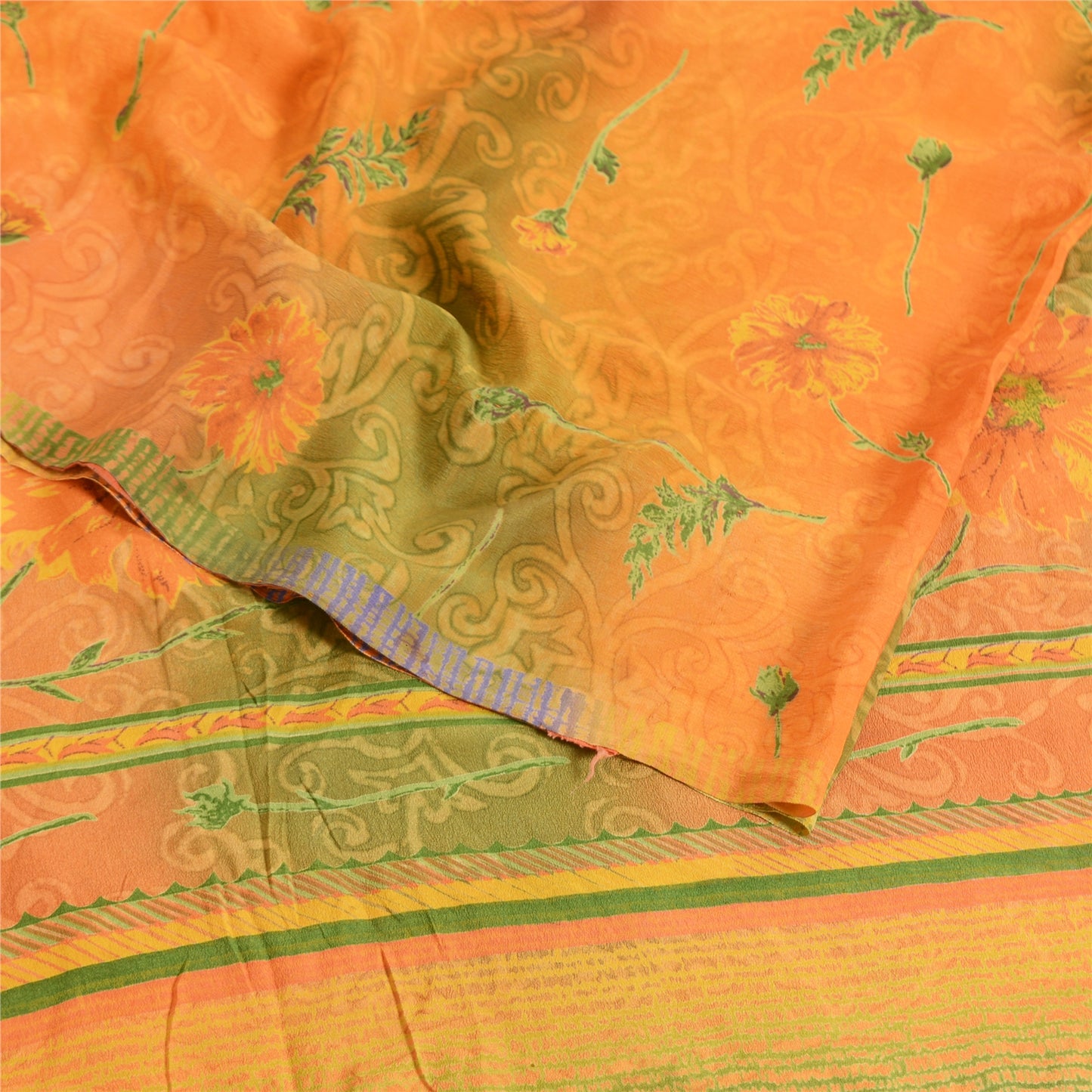 Sanskriti Vintage Sarees Orange/Green Pure Crepe Silk Printed Sari Craft Sustainable Fabric