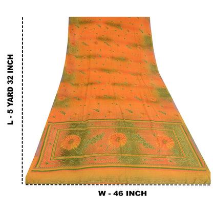 Sanskriti Vintage Sarees Orange/Green Pure Crepe Silk Printed Sari Craft Sustainable Fabric