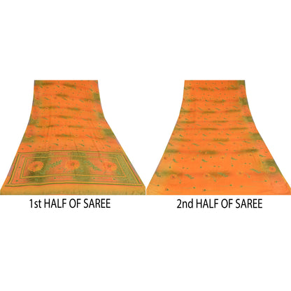Sanskriti Vintage Sarees Orange/Green Pure Crepe Silk Printed Sari Craft Sustainable Fabric