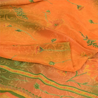 Sanskriti Vintage Sarees Orange/Green Pure Crepe Silk Printed Sari Craft Sustainable Fabric