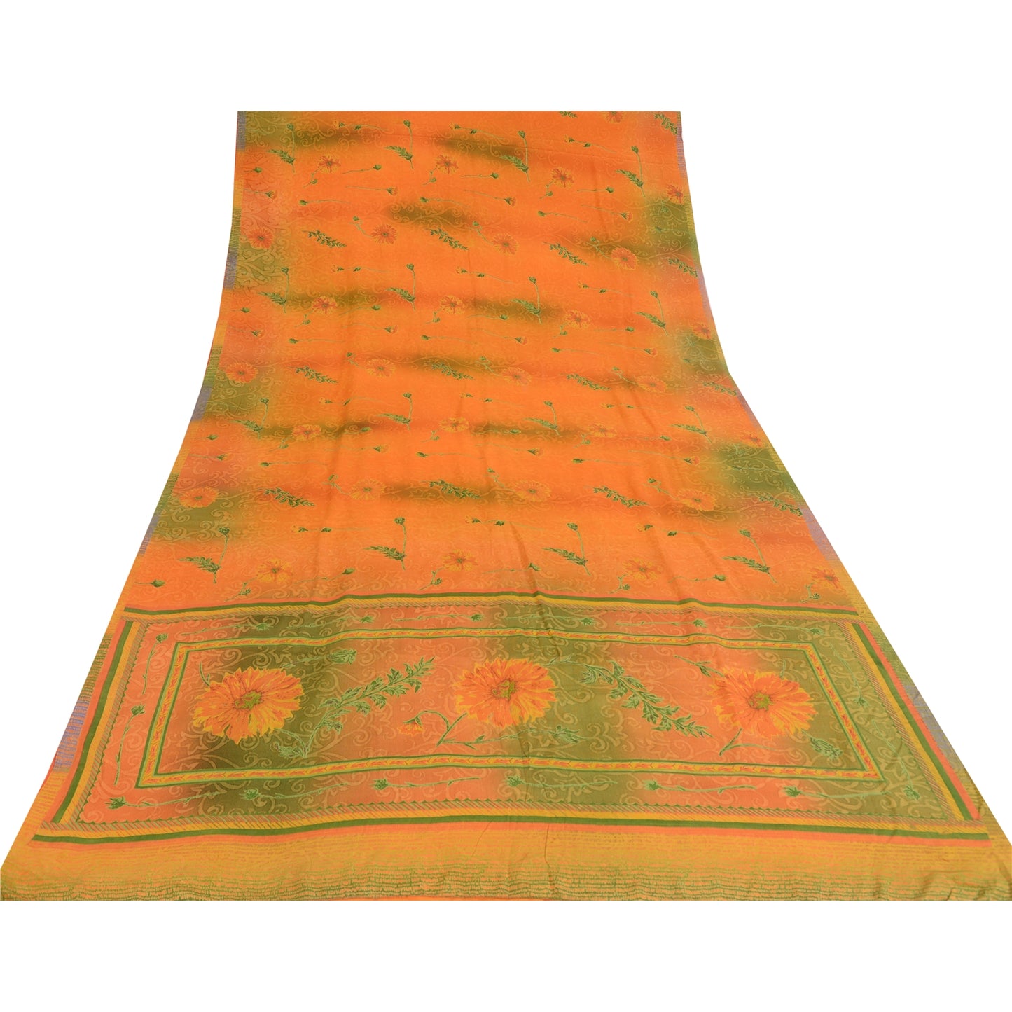 Sanskriti Vintage Sarees Orange/Green Pure Crepe Silk Printed Sari Craft Sustainable Fabric