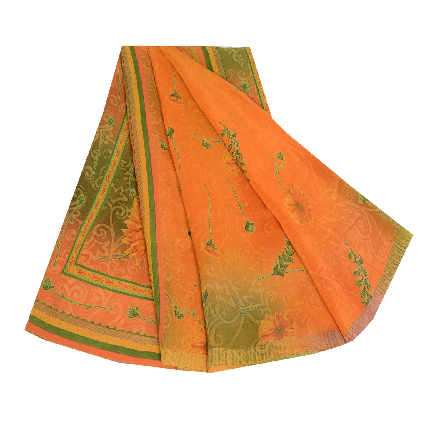 Sanskriti Vintage Sarees Orange/Green Pure Crepe Silk Printed Sari Craft Sustainable Fabric