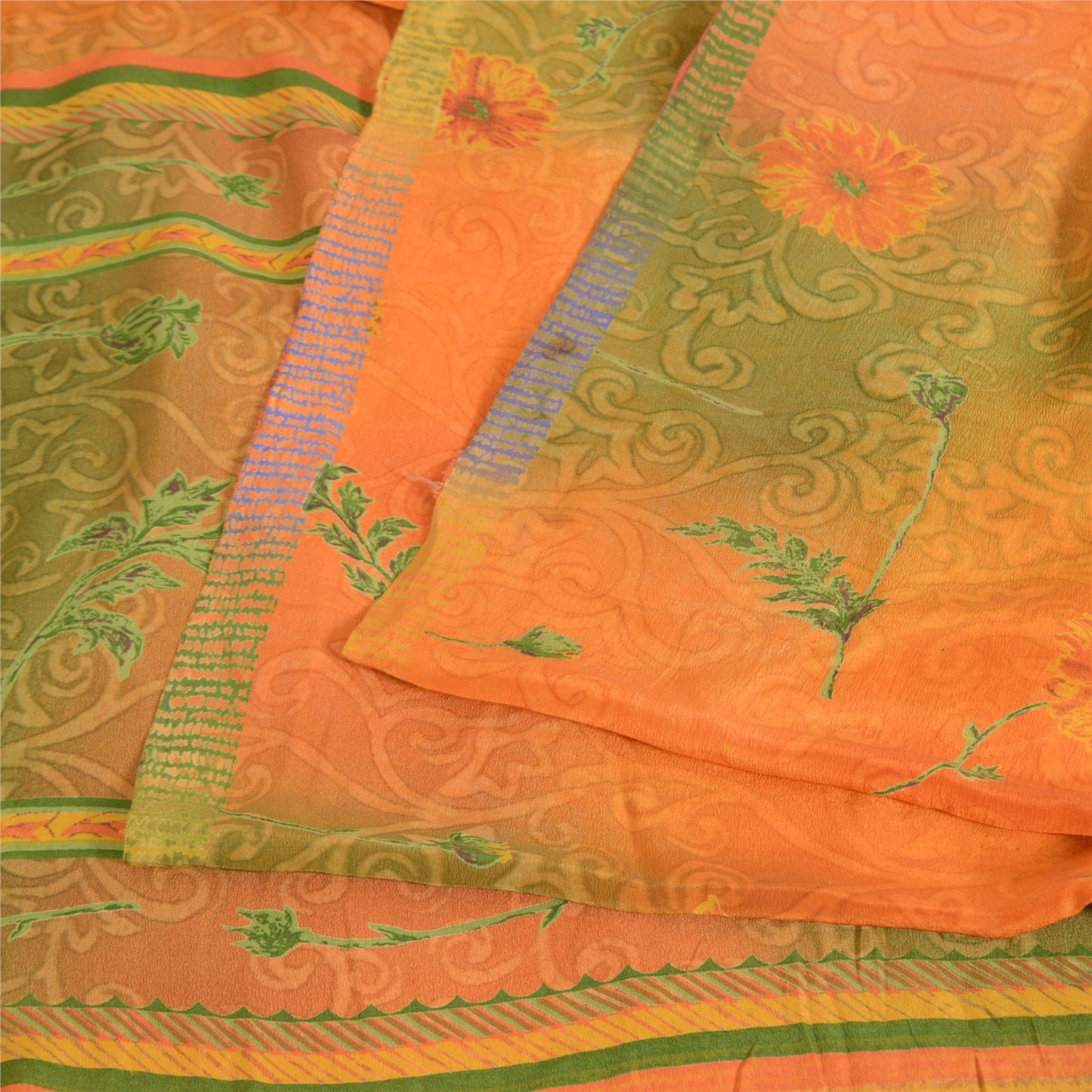 Sanskriti Vintage Sarees Orange/Green Pure Crepe Silk Printed Sari Craft Sustainable Fabric