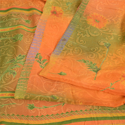 Sanskriti Vintage Sarees Orange/Green Pure Crepe Silk Printed Sari Craft Sustainable Fabric