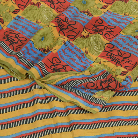 Sanskriti Vintage Sarees Multicolor Pure Crepe Silk Print Sari 5yd Craft Sustainable Fabric
