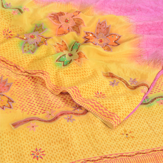 Sanskriti Vintage Sarees Yellow/Pink Pure Crepe Hand Beads Print Sari 5yd Sustainable Fabric