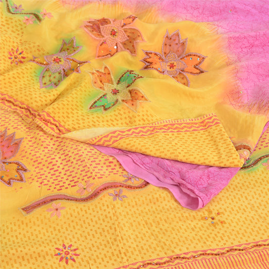 Sanskriti Vintage Sarees Yellow/Pink Pure Crepe Hand Beads Print Sari 5yd Sustainable Fabric