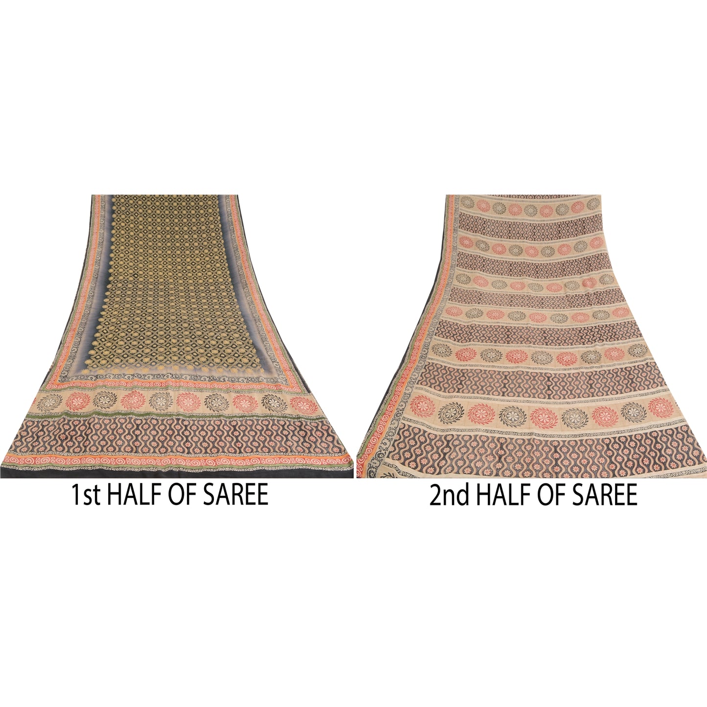 Sanskriti Vintage Sarees Gray Embroidered Pure Crepe Print Sari 5yd Craft Sustainable Fabric