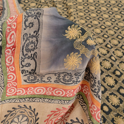 Sanskriti Vintage Sarees Gray Embroidered Pure Crepe Print Sari 5yd Craft Sustainable Fabric