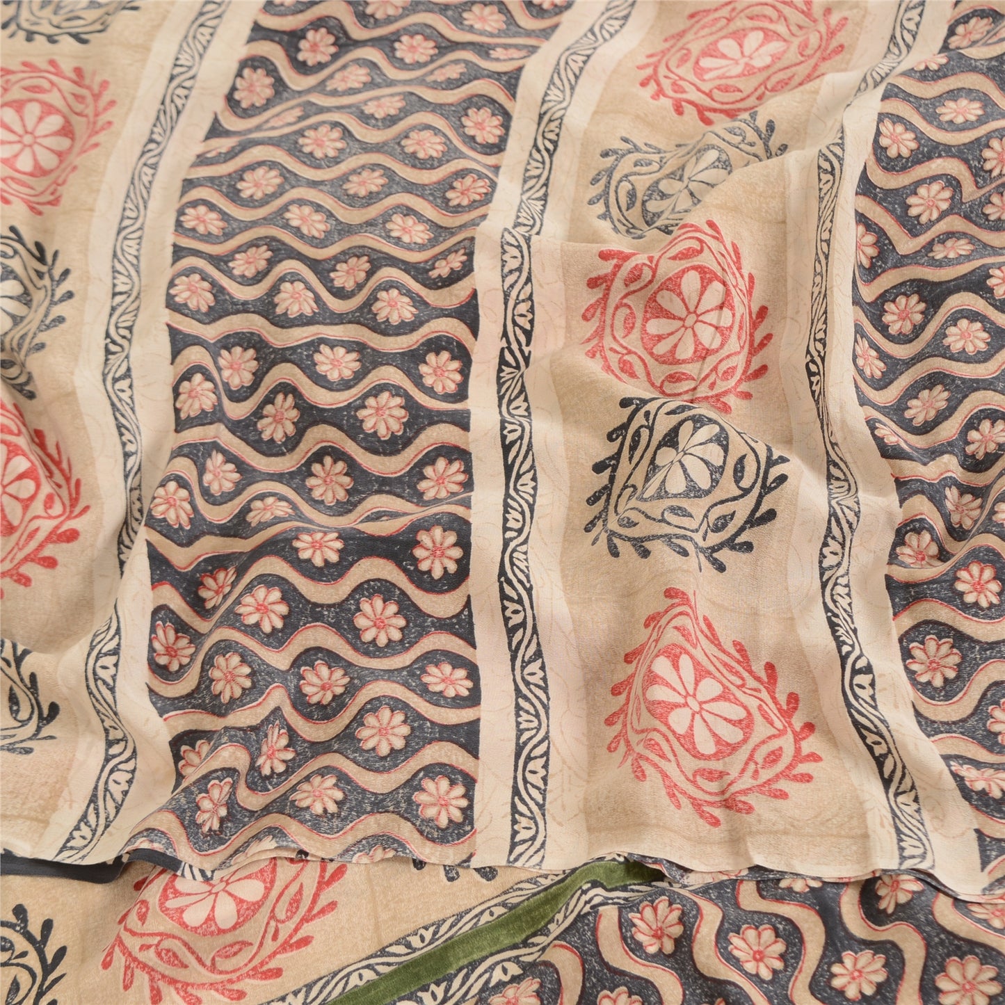 Sanskriti Vintage Sarees Gray Embroidered Pure Crepe Print Sari 5yd Craft Sustainable Fabric