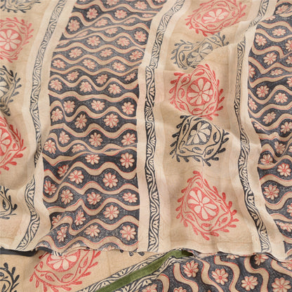 Sanskriti Vintage Sarees Gray Embroidered Pure Crepe Print Sari 5yd Craft Sustainable Fabric