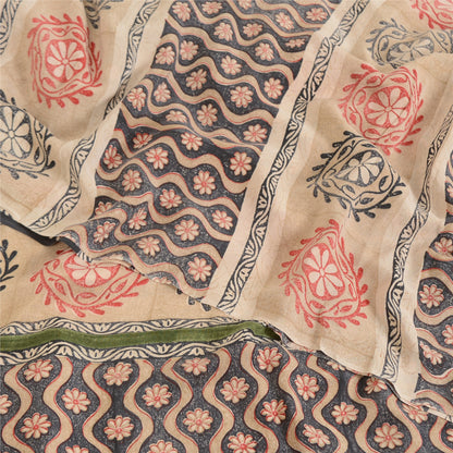 Sanskriti Vintage Sarees Gray Embroidered Pure Crepe Print Sari 5yd Craft Sustainable Fabric