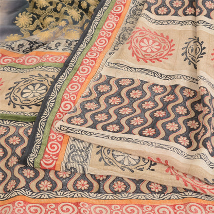 Sanskriti Vintage Sarees Gray Embroidered Pure Crepe Print Sari 5yd Craft Sustainable Fabric