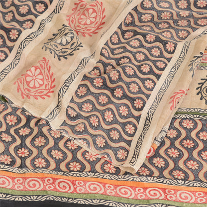 Sanskriti Vintage Sarees Gray Embroidered Pure Crepe Print Sari 5yd Craft Sustainable Fabric