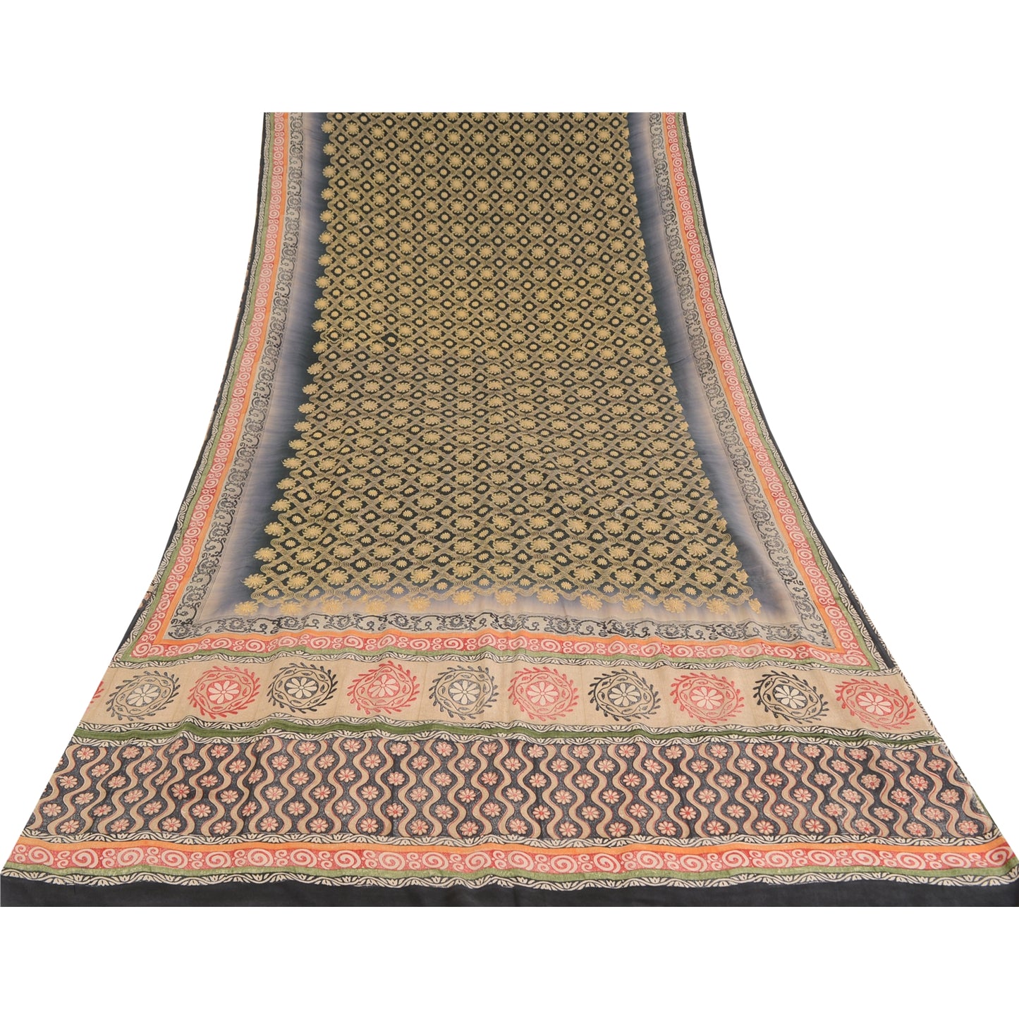 Sanskriti Vintage Sarees Gray Embroidered Pure Crepe Print Sari 5yd Craft Sustainable Fabric