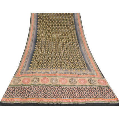 Sanskriti Vintage Sarees Gray Embroidered Pure Crepe Print Sari 5yd Craft Sustainable Fabric