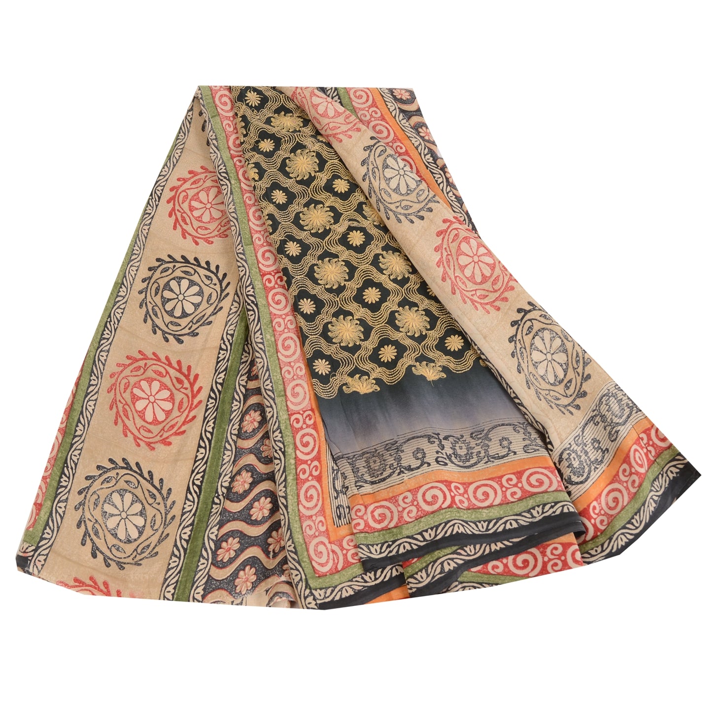 Sanskriti Vintage Sarees Gray Embroidered Pure Crepe Print Sari 5yd Craft Sustainable Fabric