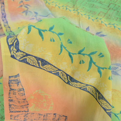 Sanskriti Vintage Sarees Multi Pure Crepe Silk Printed Sari 5yd Craft Sustainable Fabric