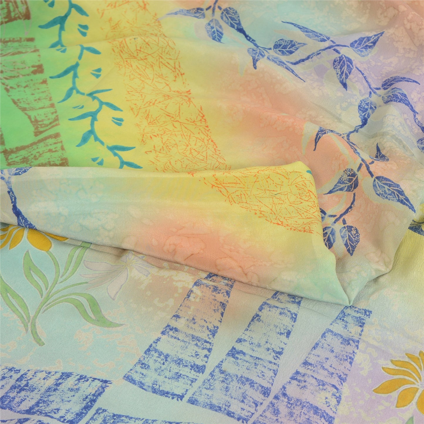 Sanskriti Vintage Sarees Multi Pure Crepe Silk Printed Sari 5yd Craft Sustainable Fabric