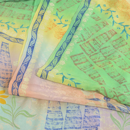 Sanskriti Vintage Sarees Multi Pure Crepe Silk Printed Sari 5yd Craft Sustainable Fabric