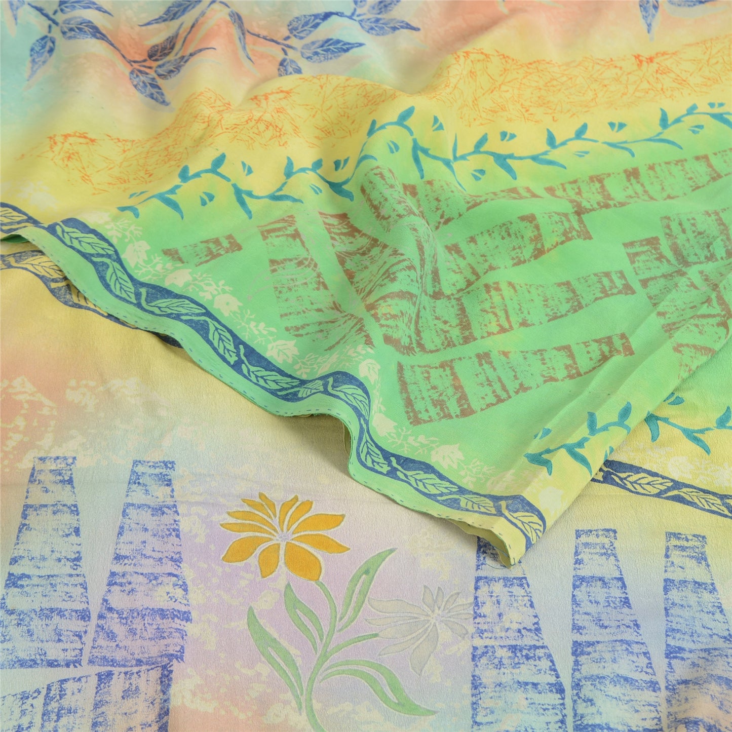 Sanskriti Vintage Sarees Multi Pure Crepe Silk Printed Sari 5yd Craft Sustainable Fabric