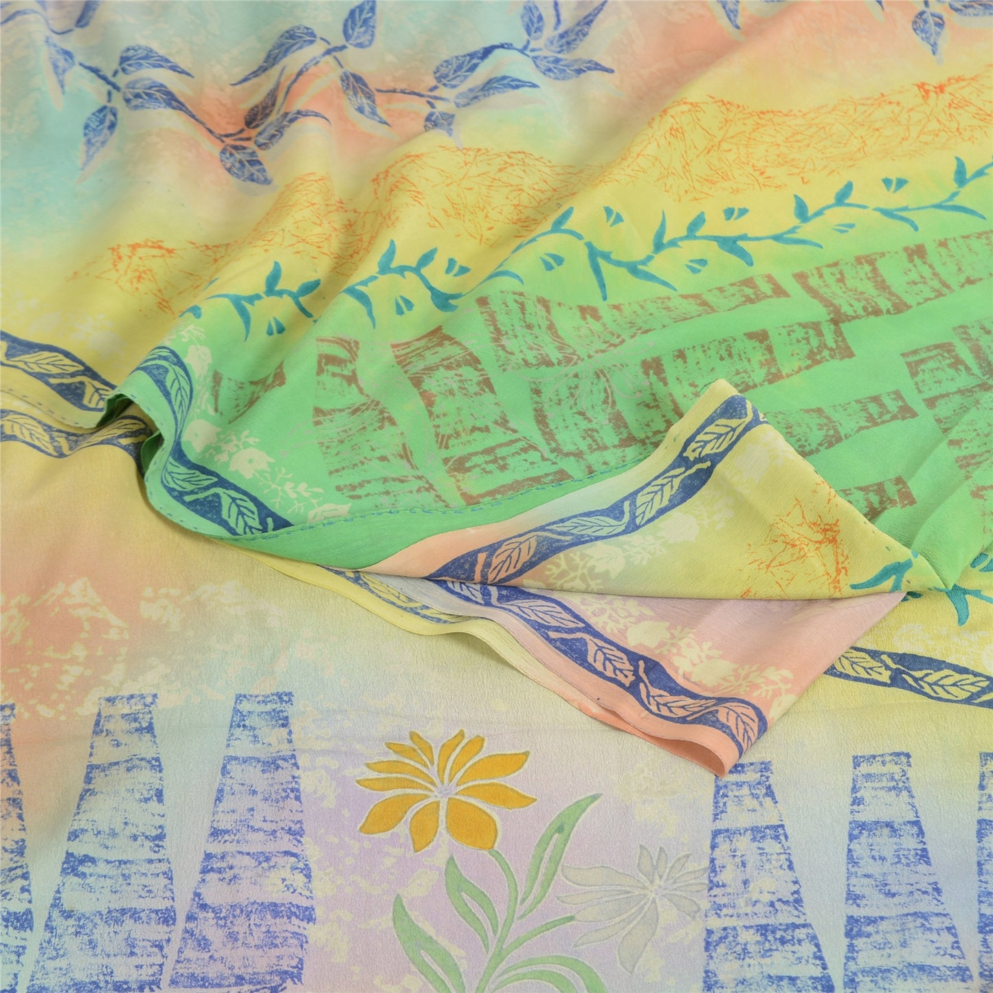 Sanskriti Vintage Sarees Multi Pure Crepe Silk Printed Sari 5yd Craft Sustainable Fabric