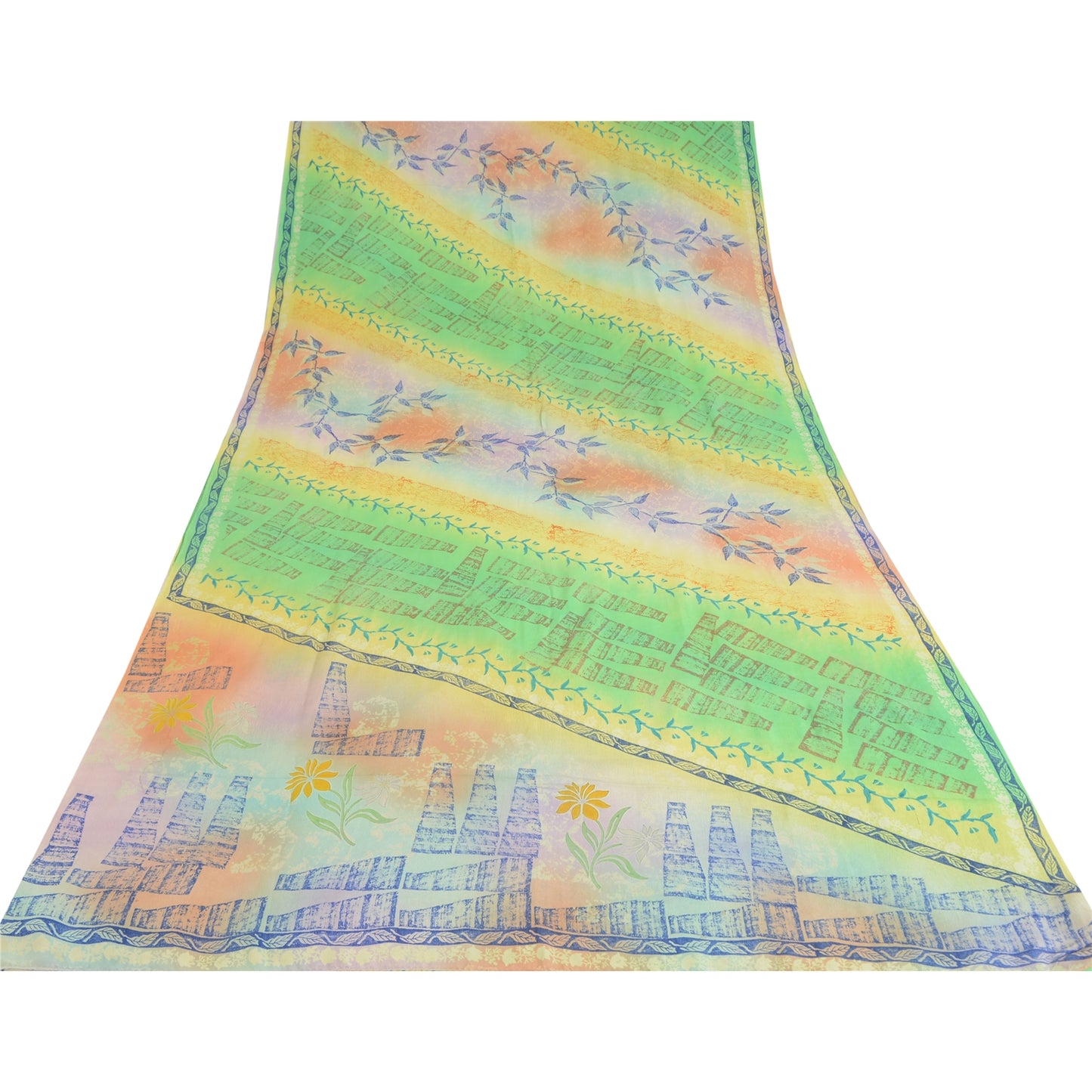 Sanskriti Vintage Sarees Multi Pure Crepe Silk Printed Sari 5yd Craft Sustainable Fabric