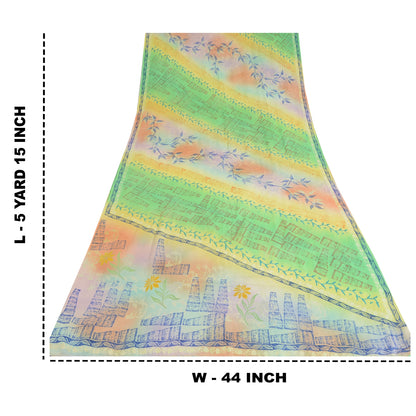 Sanskriti Vintage Sarees Multi Pure Crepe Silk Printed Sari 5yd Craft Sustainable Fabric