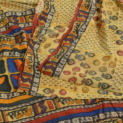 Sanskriti Vintage Sarees Pale Cream Pure Crepe Silk Print Sari 6yd Craft Sustainable Fabric